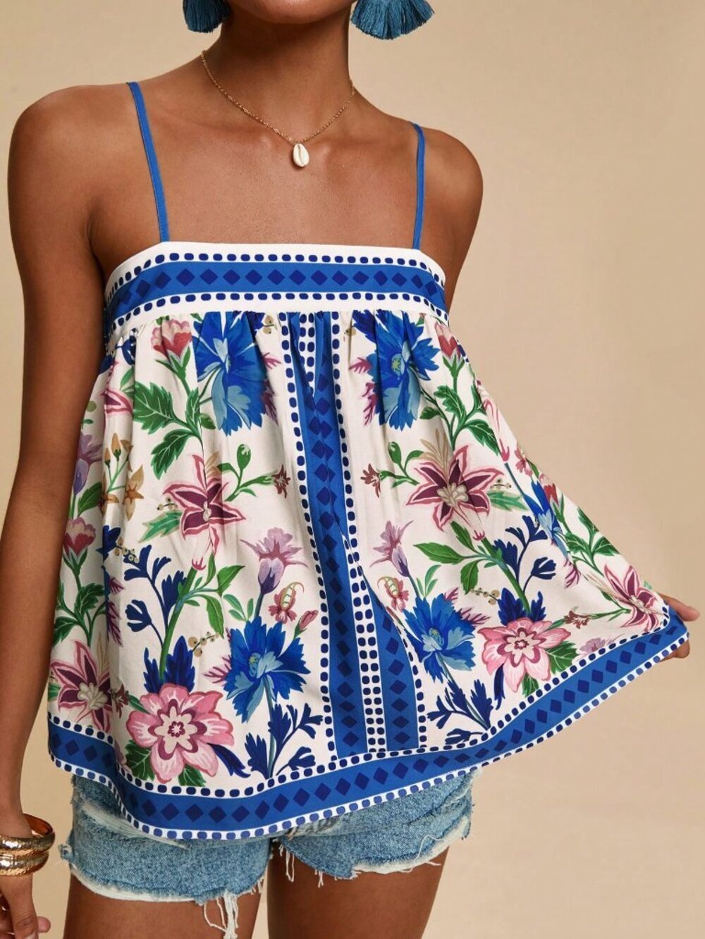 Blue Boho Women's Colorful Floral Print Cami Top